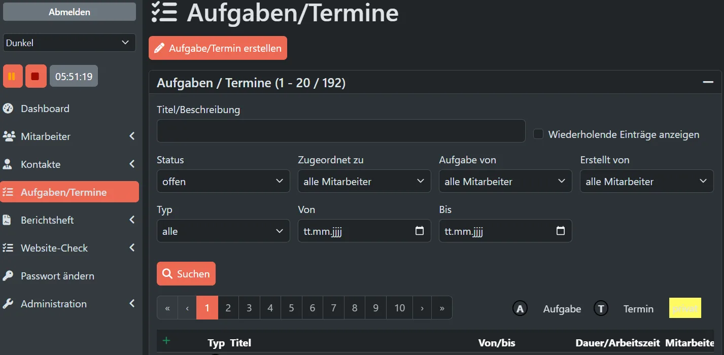 Aufgaben- und Terminübersicht mit Filtern nach Status, Zuständigkeit und Zeitraum