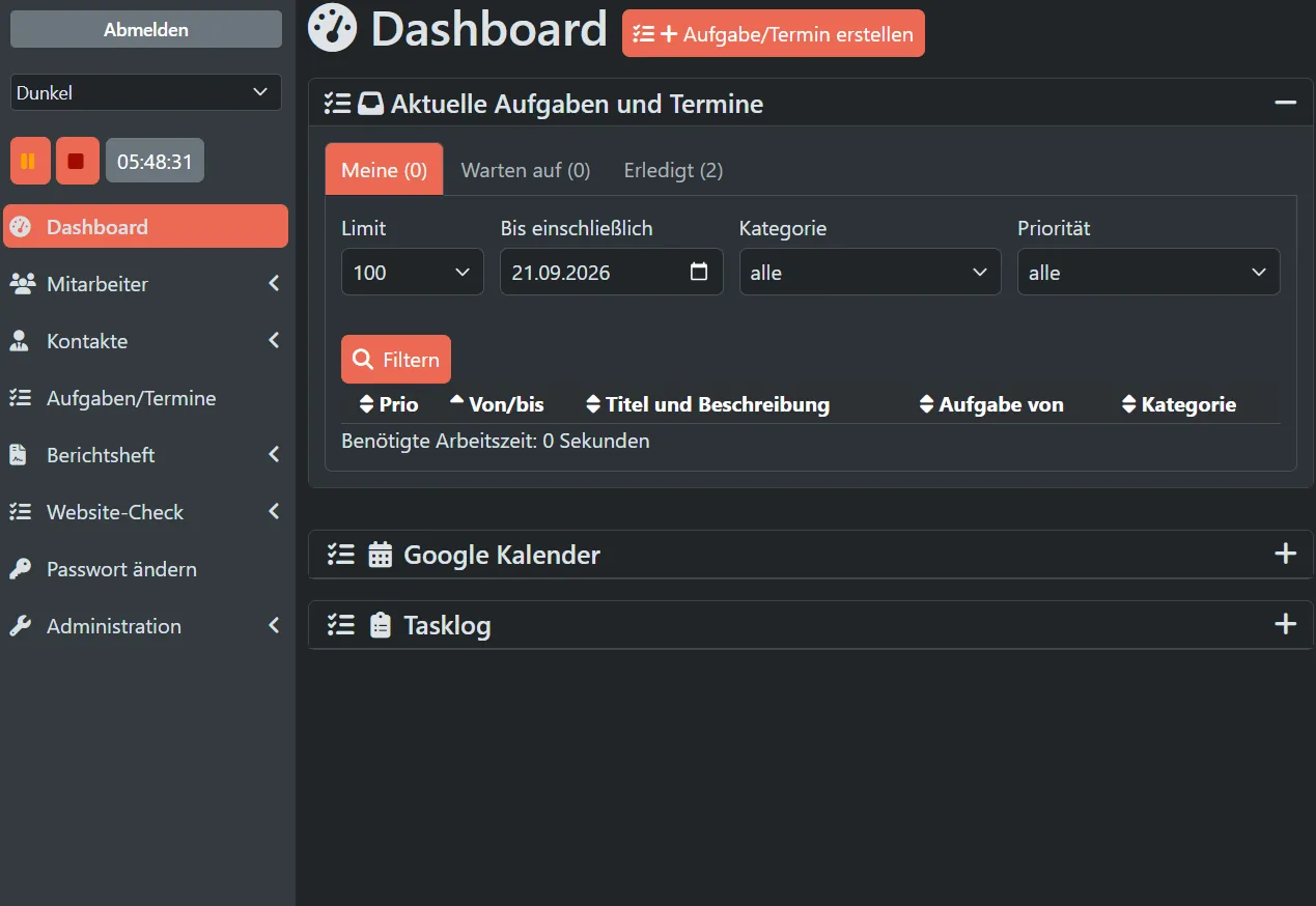 Dashboard-Übersicht des Unternehmercockpits mit aktuellen Aufgaben und Terminen