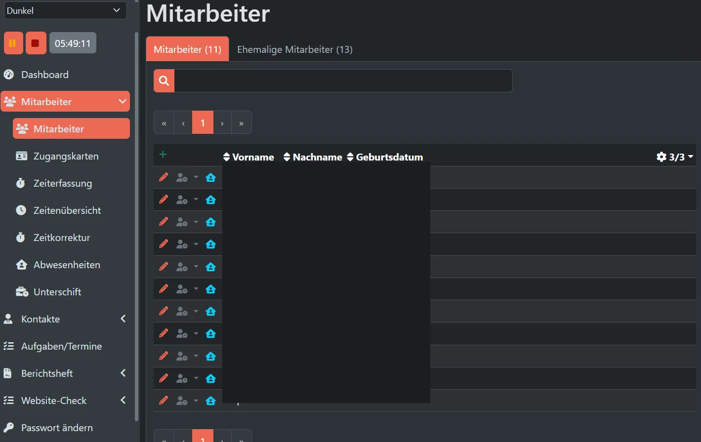 Mitarbeiterübersicht mit Vorname, Nachname und Geburtsdatum (zur Veranschaulichung unkenntlich gemacht)